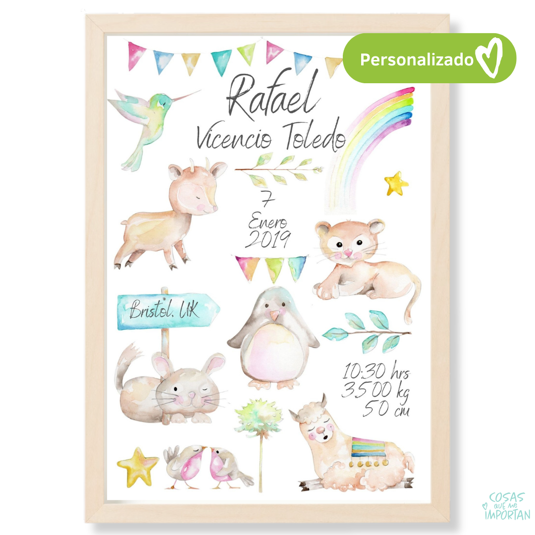 Cuadro datos nacimiento arcoíris multicolor